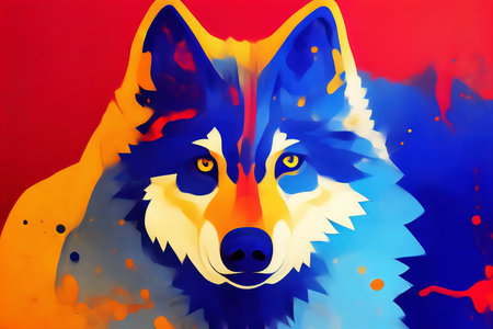 Colorful bright portrait of a wolf. Stylized portrait of a wolf in bright colors. AI-generatedの素材