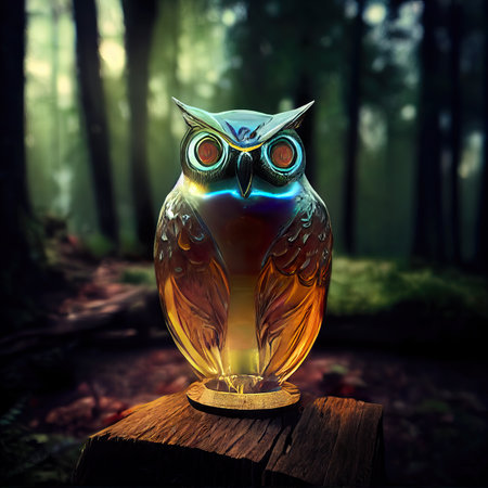 Luminous faceted crystal figurine of an owl. Owl figurine in the forest. AI-generatedの写真素材