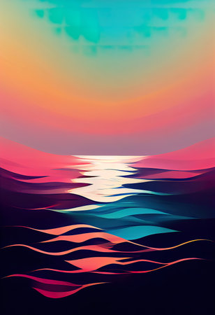 Seaside tranquility. A playful and colorful flat-style illustration of the calm waters. AI-generatedの写真素材