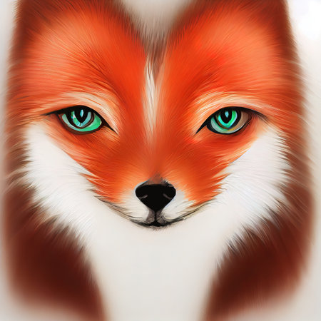 Green-eyed fluffy fox. Portrait of a red fox with a white breast. Color graphics. Full screen view. AI-generatedの素材