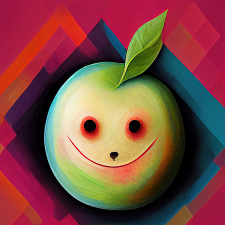 Smiley in the form of an apple. Smiling green apple on a bright abstract background. AI-generatedの素材