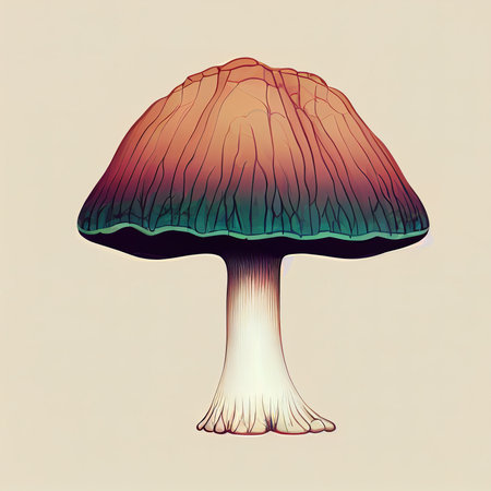 Unusual magical beautiful mushroom illustration. Mushroom with a turquoise border on the cap. AI-generatedの素材