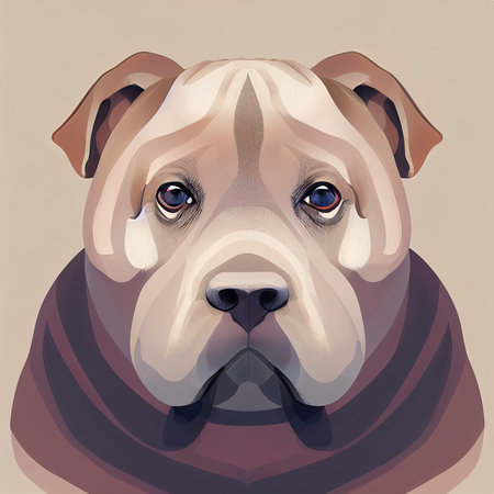 Head of a cute wrinkled purebred dog. Full face view. AI-generatedの素材