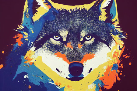 Colorful bright portrait of a wolf. Bright expressive colorful print. AI-generatedの写真素材
