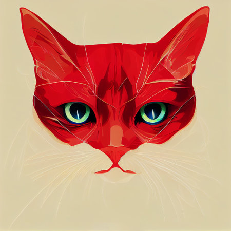 The muzzle of a red green-eyed drawn cat. Stylized cat portrait. AI-generatedの写真素材