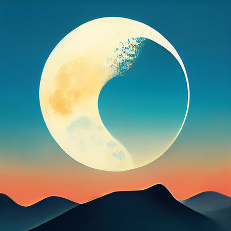 Huge moon in the sky above the mountains. Flat illustration. AI-generatedの写真素材
