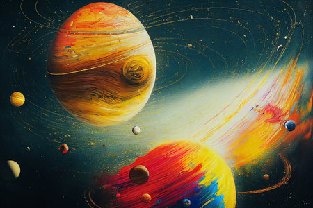 Bright planets in a dark sky. Space universe. Planets in the galaxy. Imitation of oil painting....