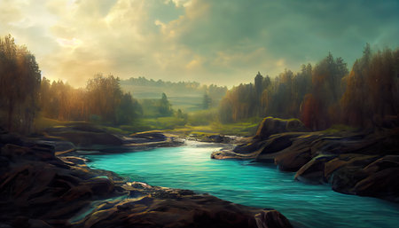 Calm river in picturesque mountains. Quiet wide river in the mountains. AI-generatedの写真素材