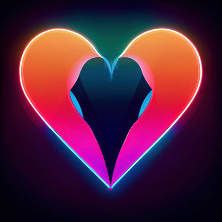 The neon tapestry of love. A heart aglow with vibrant neon hues and intricate patterns, creating an exquisite illumination against the ebony background. AI-generatedの写真素材