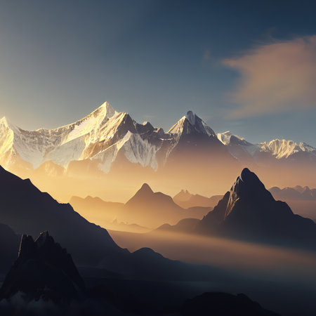 The rising sun behind the high snowy mountains. The sun hides behind the mountains. AI-generatedの写真素材