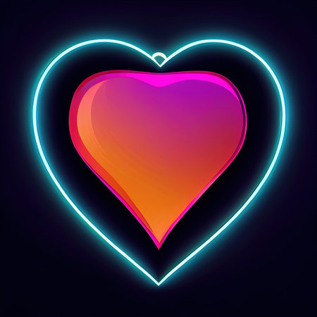 Neon intricacies of love. The lustrous heart, beaming with vibrant neon tones and elaborate patterns, creating an irresistible tapestry of affection. AI-generatedの写真素材