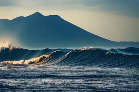 Sea during a storm. Big wave on the background of the mountain. AI-generated