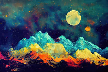 Abstract scenic mountain night landscape. Bright mountains at night. AIの素材