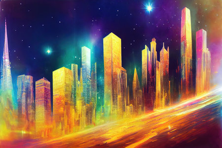 Night bright modern landscape with colorful sky. Multicolored metropolis withの素材