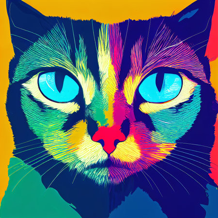 Multi-colored muzzle of a cat. Close-up. Beautiful picture. AI-generatedの素材