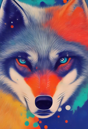 The gray wolf is painted with colored paint and splashed with drops. Close-upの素材