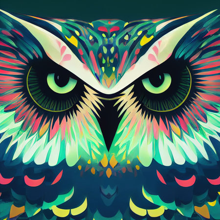 Multicolored owl, flat drawing effect. Close-up. AI-generatedの素材
