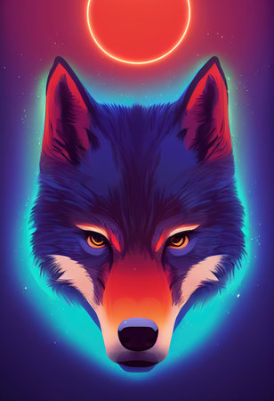 Wolf head with neon glow. Above the head is a lunar eclipse. Close-up. AIの素材