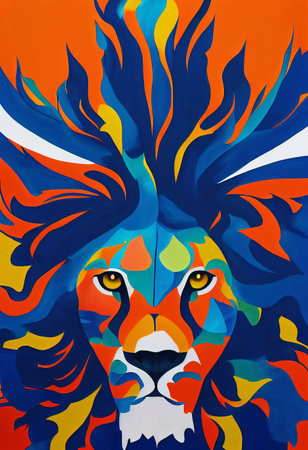 Multi-colored muzzle of a lion with a large mane. Flat illustration effectの素材