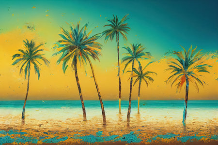 A group of palm trees on the sea sand. Oil painting effect. Tourism and restAIの素材