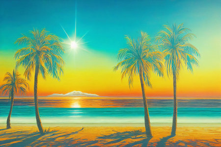 Four palm trees on the seashore, and between them an iceberg and a bright sunの素材