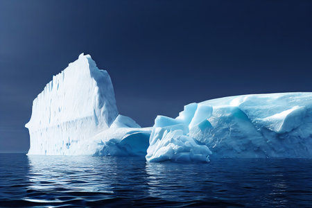 Arctic stillness. Monochromatic serenity of a massive iceberg in blue Icy watersの素材