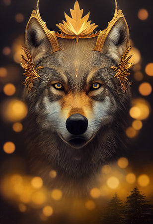 Gray dog in a crown. Fairytale portrait of a dog. Crowned wolf. AI-generatedの素材