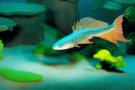 Serene oceanic exploration. A graceful fish gliding past vibrant corals andの素材