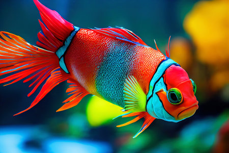 Underwater elegance. Detailed portrait of a stunning orange and blue fish. AIの素材