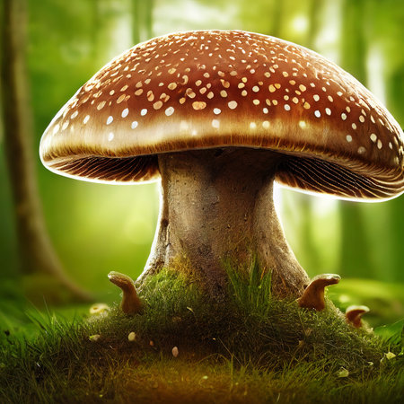 Magical forest find. The fly agaric mushroom flourishing in a sunlit meadow. AIの素材