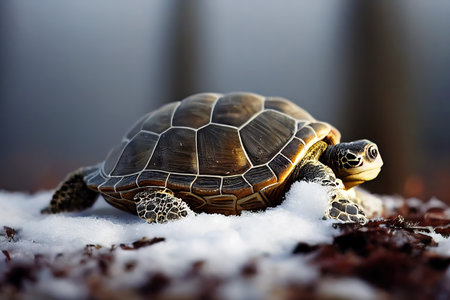 A resilient tortoises serene snowy sojourn. A journey through the winterの素材