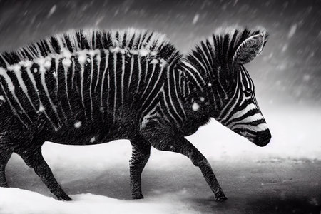 Charming winter wonderland. Playful cartoon-realistic zebra enjoying a snowy dayの素材