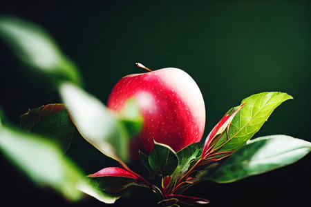 In the midnight garden. A lustrous crimson apple sings its melodic tale amongst