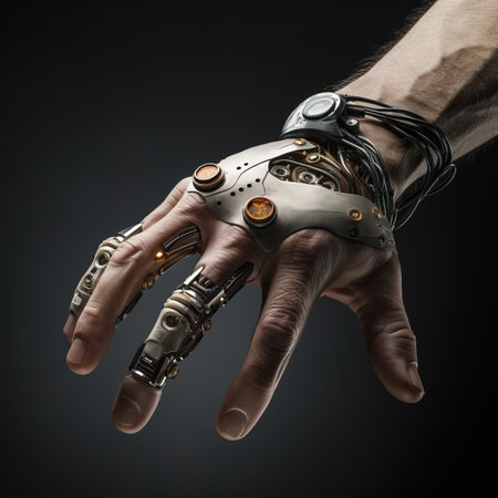 Bionic Hand with Mechanical Gears and Illuminated Joints Overlays Skin. AIの素材