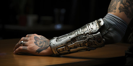Tattooed Human Arm with Advanced Metallic Prosthetic. AI generationの素材