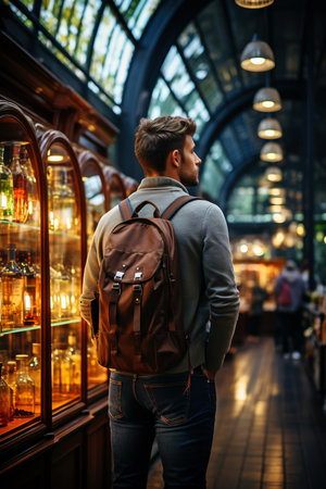 Stylish Man with Backpack Browsing Through an Indoor Market Aisle. AI generationの素材