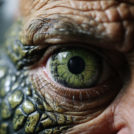 Man with Crocodile Eyes Blends Boundaries of Nature and Humanity. AI generationの素材