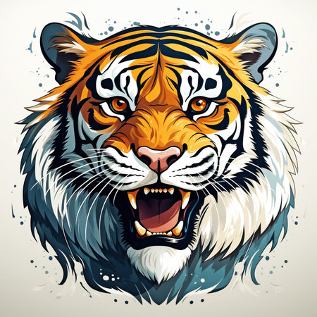 Powerful Tiger Mid-Roar with Vibrant Illustration and Bold Colors. AI generationの素材