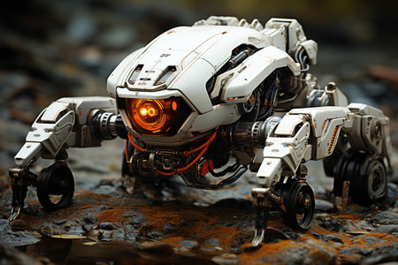 Advanced Robotic Quadruped Navigating Rocky Terrain with Precision Optics. AIの素材