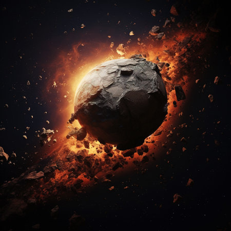 Cataclysmic Meteor Impact Ignites a Fiery Storm in Spaces Silent Expanse. AIの素材