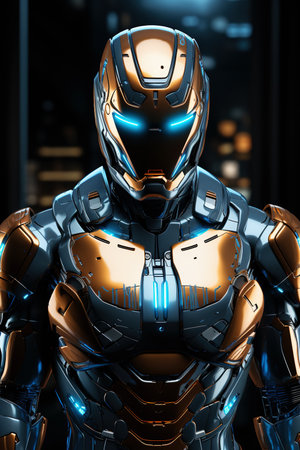 Imposing Robotic Sentinel with Luminous Blue Highlights in a Futuristic Settingの素材