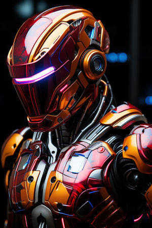 Advanced Robotic Armor Suit with Glowing Red and Blue Lights. AI generationの素材