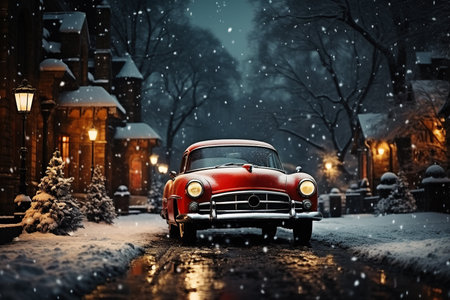 Vintage Red Car on Snow-Covered Street with Festive Lights. AI generationの素材