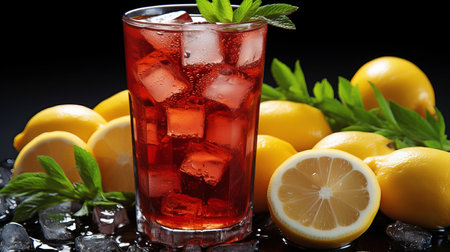Chilled Iced Tea with Fresh Lemon Slices on a Reflective Noir. AI generationの素材