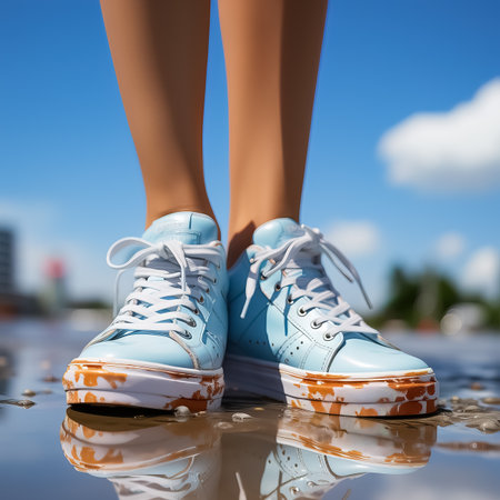 Blue Sneakers on Sunlit Puddle Reflection. AI generationの素材
