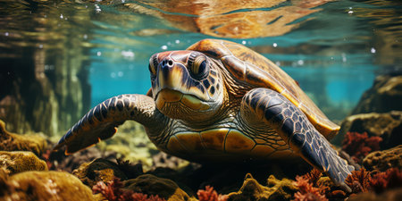 Sea turtle surfaces for air. AI generationの素材