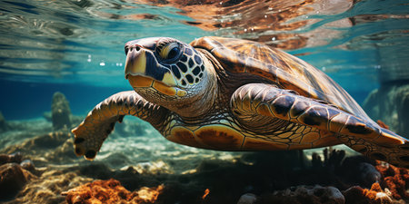 Sea turtle peers above water. AI generationの素材