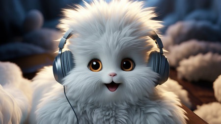 White kitten enjoying music. AI generationの素材