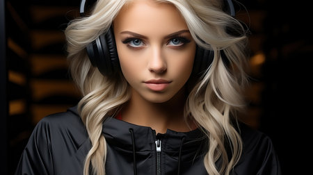Stylish woman with black headphones. AI generationの素材