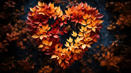 A wreath of fall leaves forms a heart. AI generationの素材